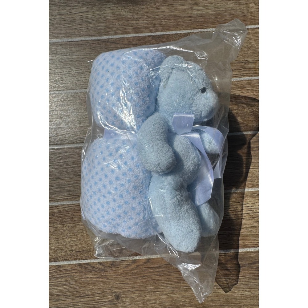 Stephan Baby Blue Teddy Bear Plush and Polka Dot Blanket Set New in Bag 30x40